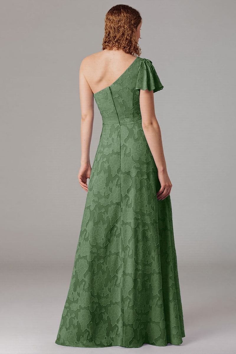 Laden Sie das Bild in den Galerie-Viewer, Staubblaues A-Linie Brautjungfernkleid mit einer Schulter und Schlitz