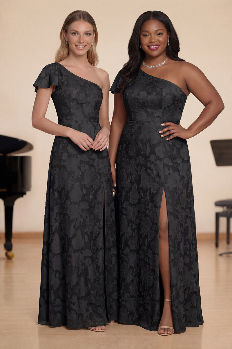 Laden Sie das Bild in den Galerie-Viewer, Eine Schulter Schwarzes Langes A-Linie Chorkleid mit Schlitz