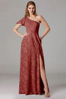 Laden Sie das Bild in den Galerie-Viewer, Staubblaues A-Linie Brautjungfernkleid mit einer Schulter und Schlitz