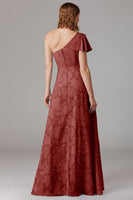 Laden Sie das Bild in den Galerie-Viewer, Staubblaues A-Linie Brautjungfernkleid mit einer Schulter und Schlitz