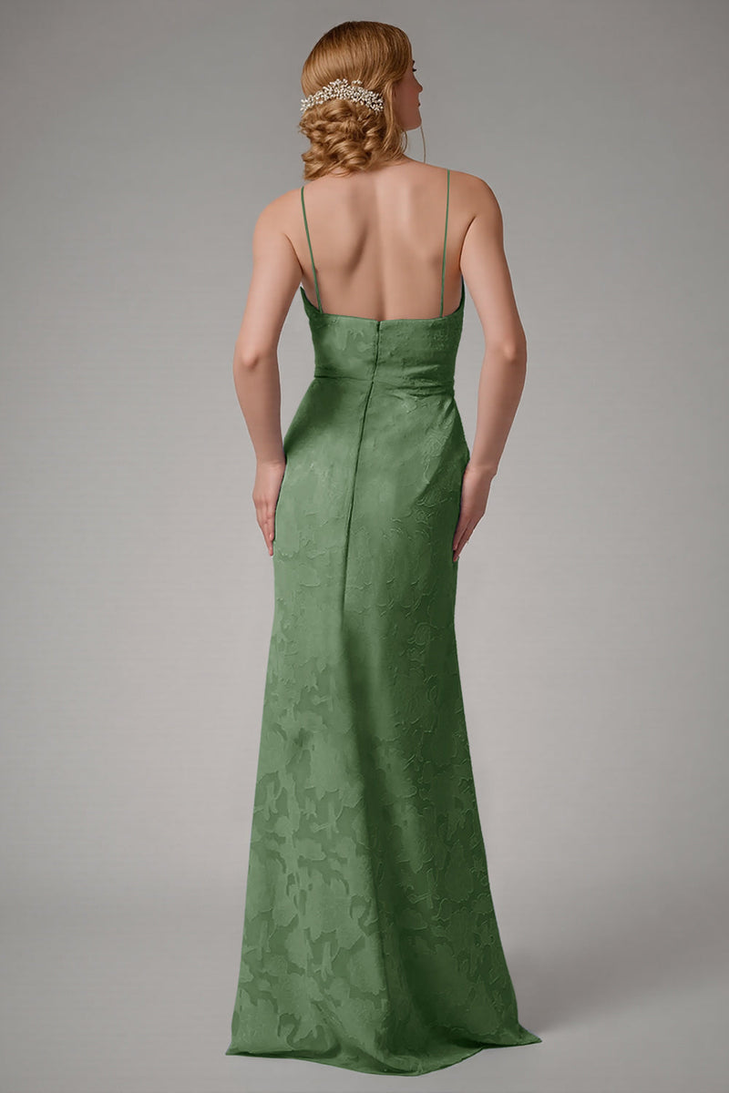 Laden Sie das Bild in den Galerie-Viewer, Staubblaues Etui Brautjungfernkleid mit Spaghettiträgern und Schlitz