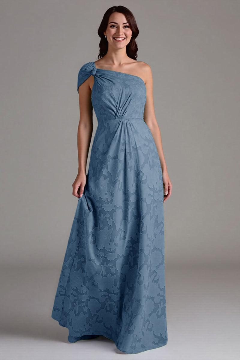 Laden Sie das Bild in den Galerie-Viewer, Eukalyptus A-Linie Ein-Schulter Brautjungfernkleid mit Rüschen