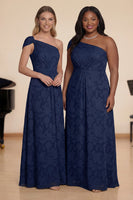Laden Sie das Bild in den Galerie-Viewer, Marineblaues Eine Schulter A-Linie Langes Chorkleid
