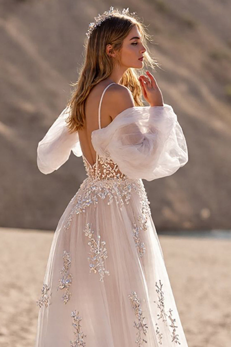 Laden Sie das Bild in den Galerie-Viewer, Abnehmbare Ärmel Elfenbein A-Linie Appliziertes Langes Brautkleid