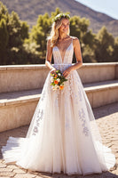 Laden Sie das Bild in den Galerie-Viewer, A Linie V-Ausschnitt Elfenbein Korsett Langes Brautkleid