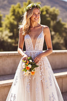 Laden Sie das Bild in den Galerie-Viewer, A Linie V-Ausschnitt Elfenbein Korsett Langes Brautkleid