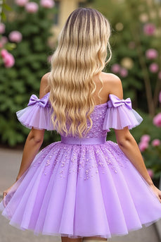 Lavendel Korsett Abiballkleid aus Tüll mit kurzen Ärmeln und Applikationen