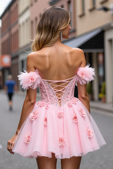Blush Kurzes Korsett Blumen Tüll Abiballkleid mit Applikationen