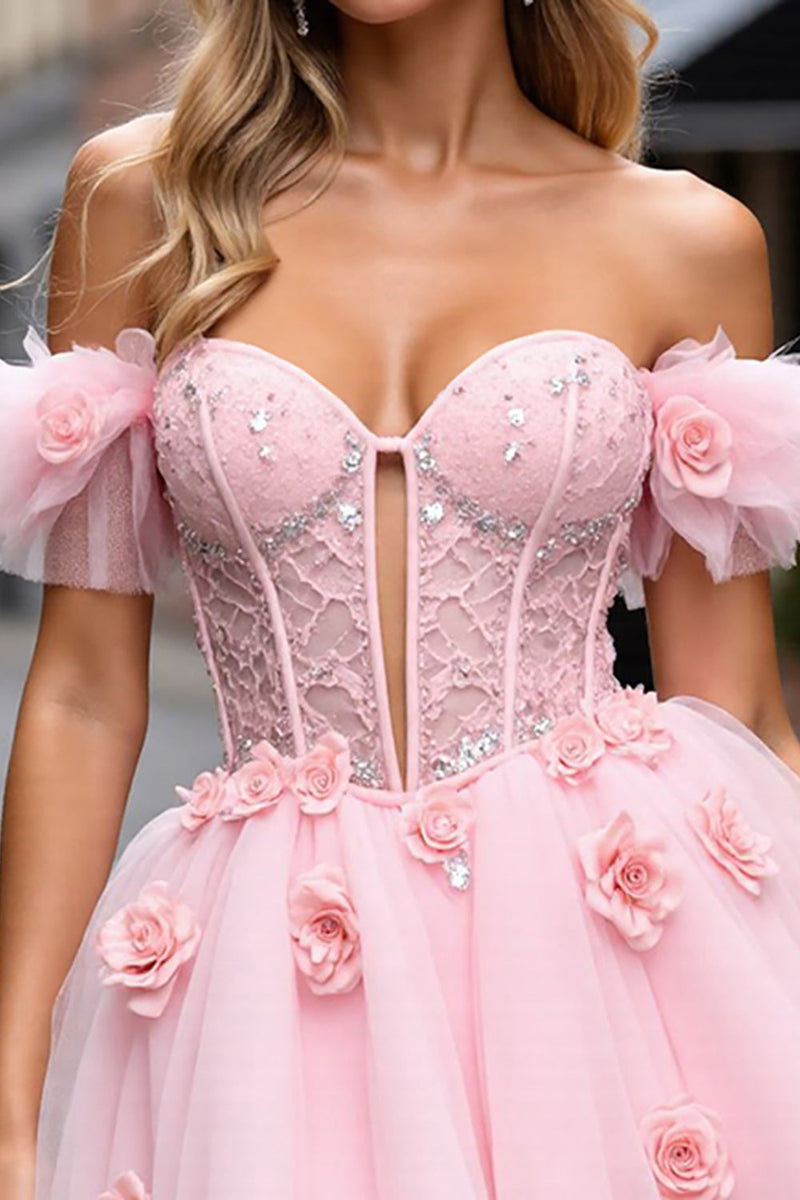 Laden Sie das Bild in den Galerie-Viewer, Blush Kurzes Korsett Blumen Tüll Abiballkleid mit Applikationen