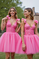 Laden Sie das Bild in den Galerie-Viewer, Tiefes Korsett V-Ausschnitt Lila Kurzes Cocktailkleid aus Tüll mit Applikationen