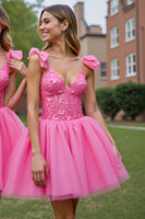 Laden Sie das Bild in den Galerie-Viewer, Tiefes Korsett V-Ausschnitt Lila Kurzes Cocktailkleid aus Tüll mit Applikationen