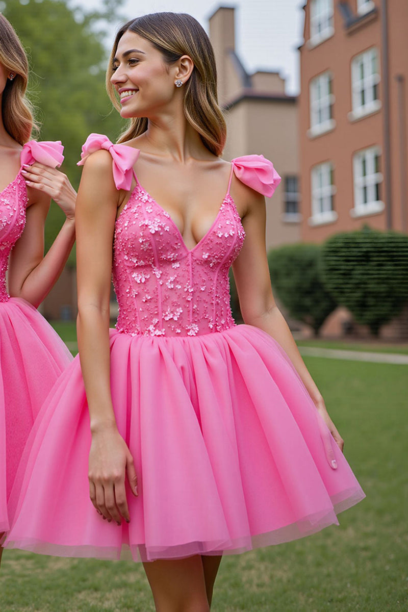 Laden Sie das Bild in den Galerie-Viewer, Tiefes Korsett V-Ausschnitt Lila Kurzes Cocktailkleid aus Tüll mit Applikationen