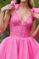 Laden Sie das Bild in den Galerie-Viewer, Tiefes Korsett V-Ausschnitt Lila Kurzes Cocktailkleid aus Tüll mit Applikationen