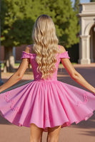 Laden Sie das Bild in den Galerie-Viewer, Rosa Korsett Kalte Schulter Kurzes Cocktailkleid mit Applikationen