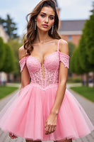 Laden Sie das Bild in den Galerie-Viewer, Korsett Blush Tüll Kalte Schulter Kurzes Abiballkleid mit Applikationen