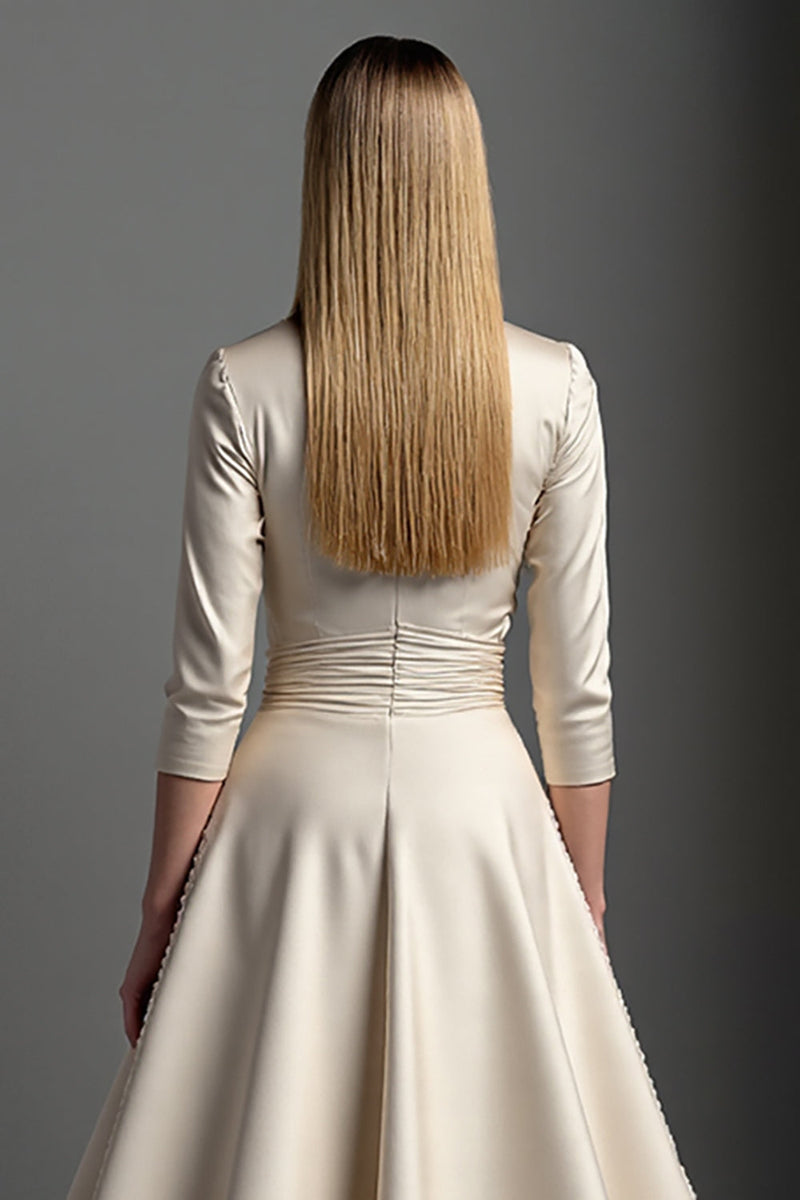 Laden Sie das Bild in den Galerie-Viewer, Satin Aprikose A Linie V-Ausschnitt Mutter der Braut Kleid