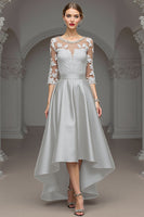 Laden Sie das Bild in den Galerie-Viewer, Marineblaues A Linie Hoch Niedrig Kleid für die Brautmutter mit Applikationen