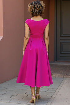Fuchsia Midi Kleid für die Brautmutter mit V-Ausschnitt