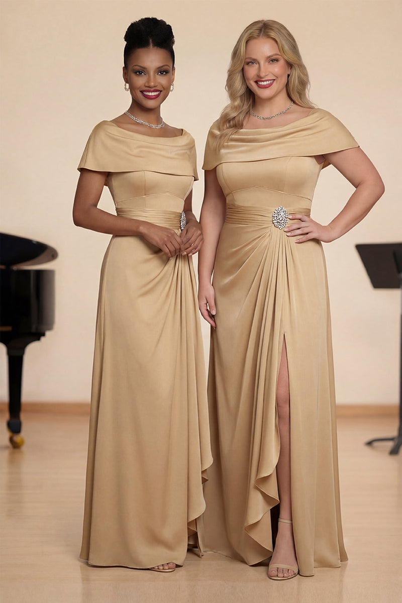 Laden Sie das Bild in den Galerie-Viewer, Champagner Schulterfreies Gerafftes A-Linie Chorkleid mit Schlitz