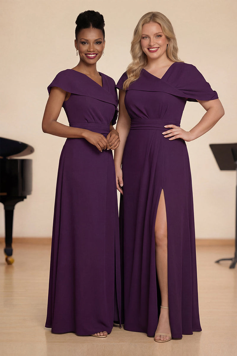 Laden Sie das Bild in den Galerie-Viewer, Traube A Line V-Ausschnitt Langes Chorkleid mit Schlitz