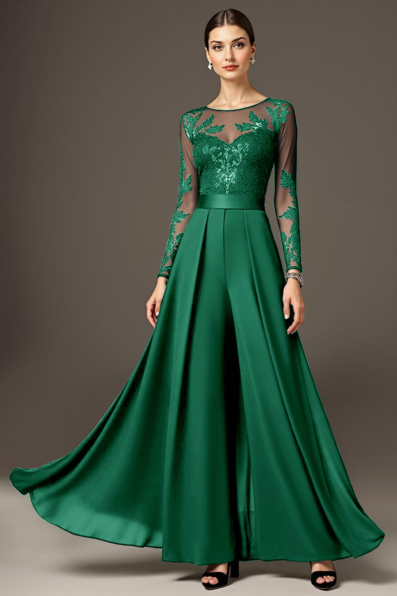 Laden Sie das Bild in den Galerie-Viewer, Schwarzes Langärmeliges A-Linie Kleid für die Brautmutter mit Applikationen