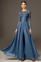 Laden Sie das Bild in den Galerie-Viewer, Schwarzes Langärmeliges A-Linie Kleid für die Brautmutter mit Applikationen