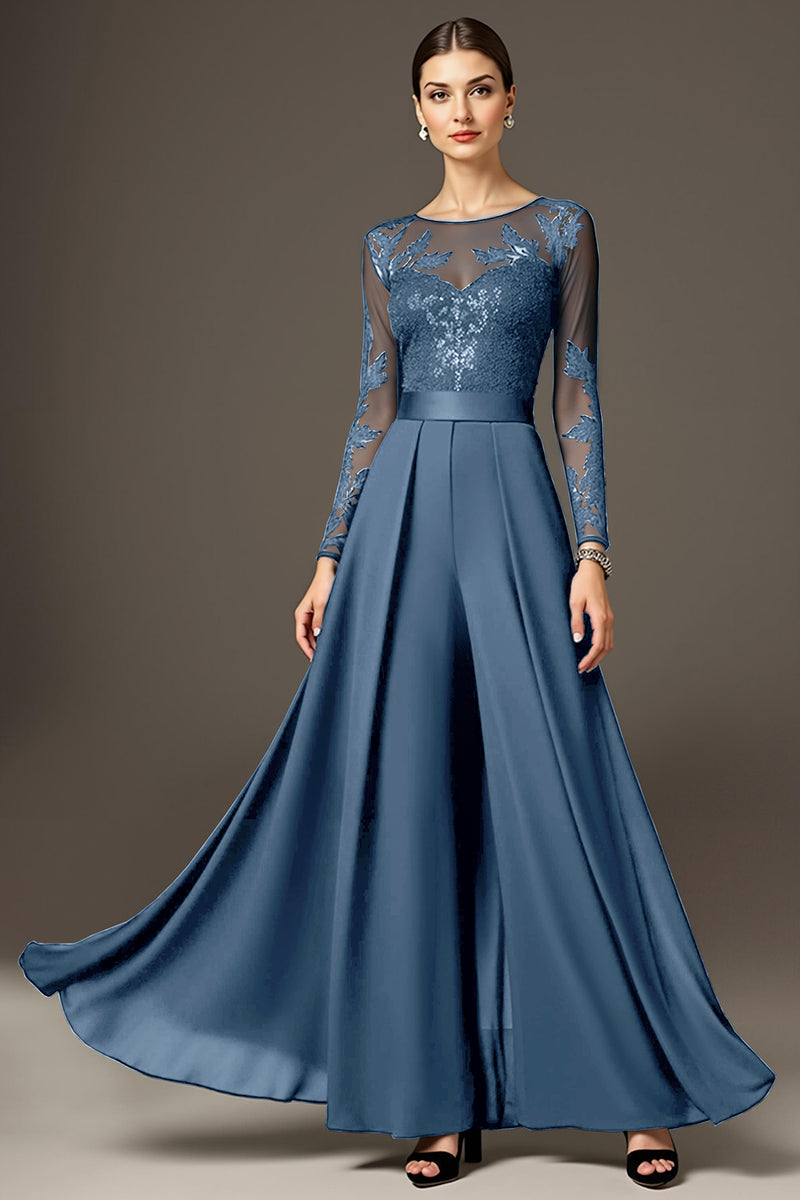 Laden Sie das Bild in den Galerie-Viewer, Schwarzes Langärmeliges A-Linie Kleid für die Brautmutter mit Applikationen