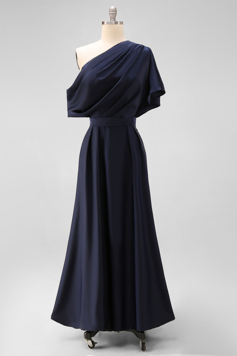 Laden Sie das Bild in den Galerie-Viewer, Schwarzes Satin A-Linie Kleid für die Brautmutter mit Taschen