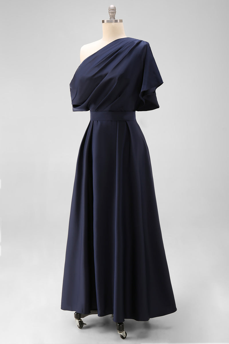 Laden Sie das Bild in den Galerie-Viewer, Schwarzes Satin A-Linie Kleid für die Brautmutter mit Taschen