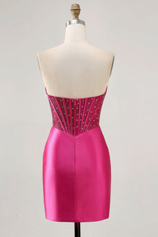 Glitzerndes Fuchsia Korsett Enges Kurzes Abiballkleid aus Satin