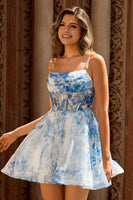 Laden Sie das Bild in den Galerie-Viewer, A Linie Weißes Blaues Blumen Korsett Bedrucktes Cocktailkleid
