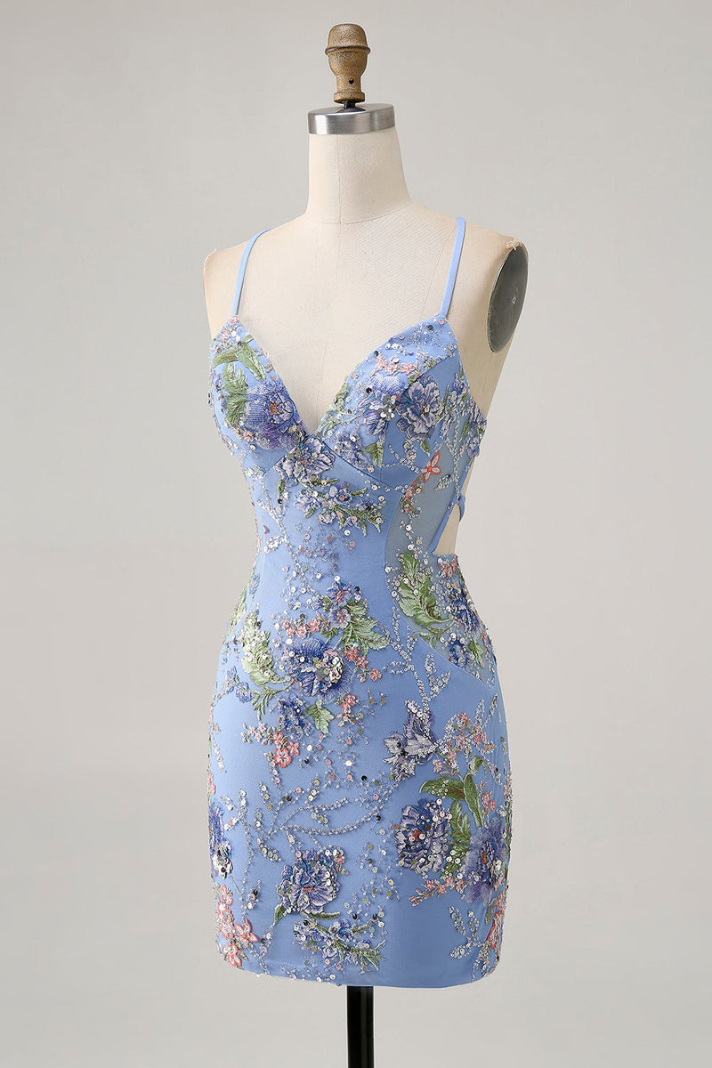 Laden Sie das Bild in den Galerie-Viewer, Glitzerndes Pailletten Rosa Bodycon Kurzes Geblümtes Cocktailkleid