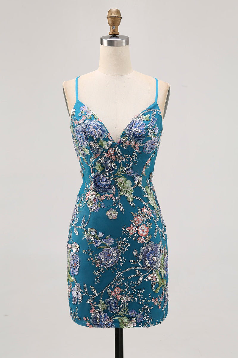 Laden Sie das Bild in den Galerie-Viewer, Bodycon Kurzes Geblümtes Pfauen Cocktailkleid mit Pailletten