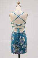 Laden Sie das Bild in den Galerie-Viewer, Bodycon Kurzes Geblümtes Pfauen Cocktailkleid mit Pailletten