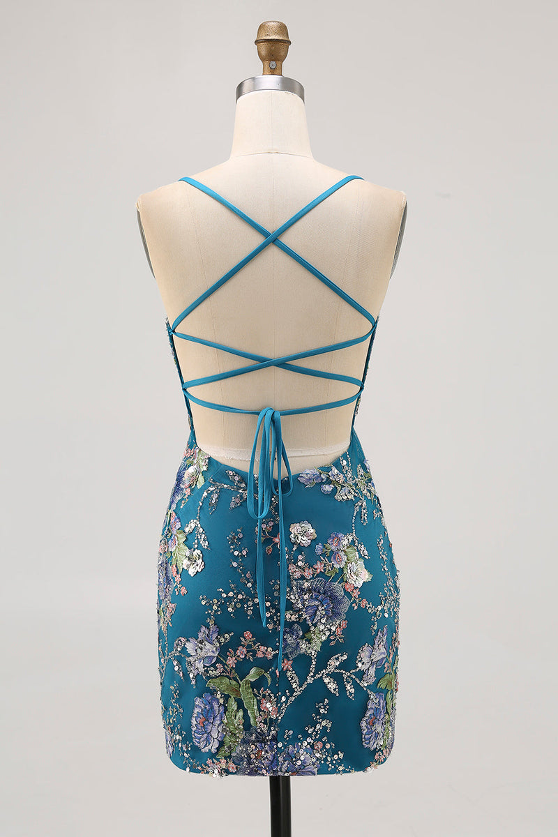 Laden Sie das Bild in den Galerie-Viewer, Bodycon Kurzes Geblümtes Pfauen Cocktailkleid mit Pailletten