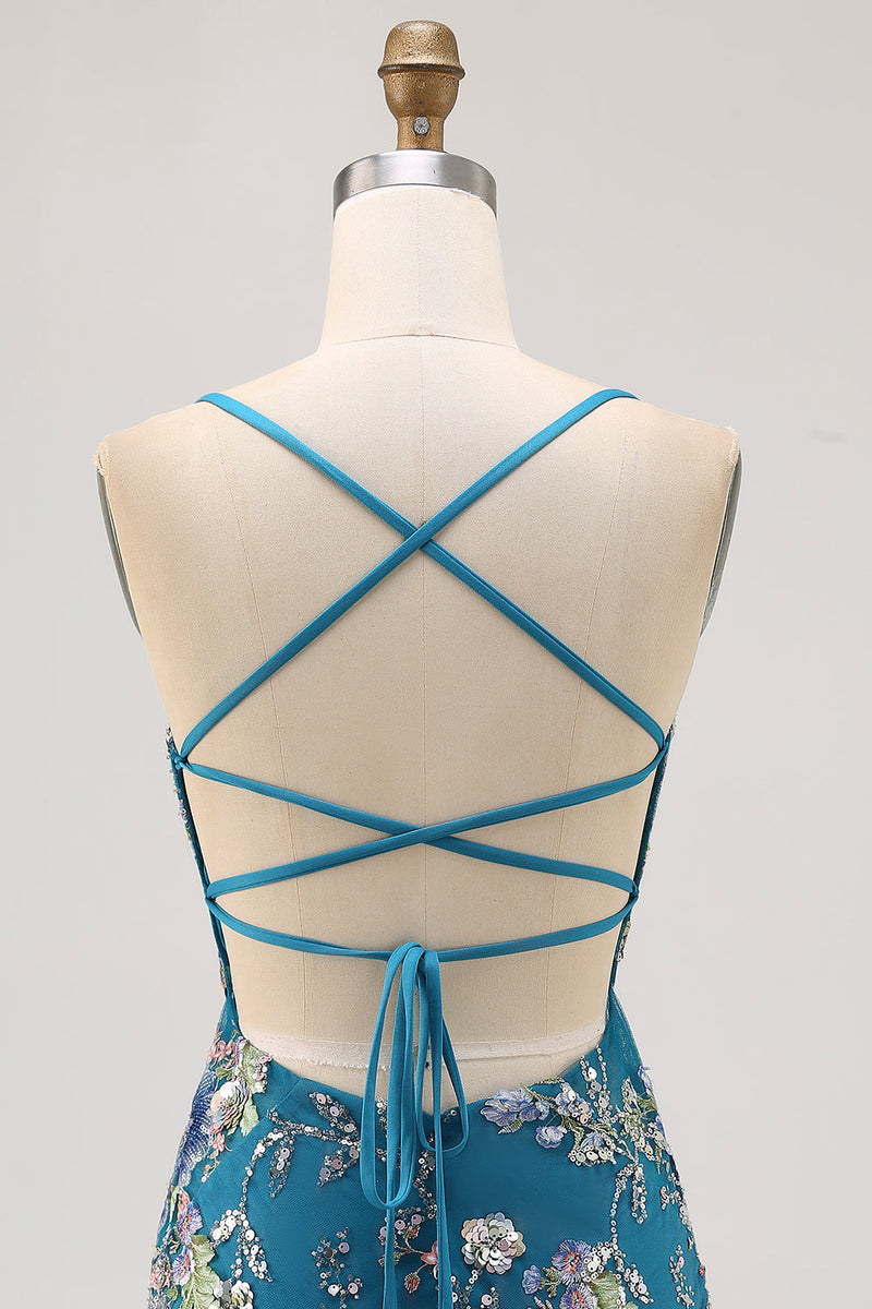 Laden Sie das Bild in den Galerie-Viewer, Bodycon Kurzes Geblümtes Pfauen Cocktailkleid mit Pailletten