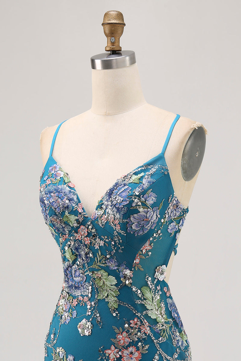 Laden Sie das Bild in den Galerie-Viewer, Bodycon Kurzes Geblümtes Pfauen Cocktailkleid mit Pailletten