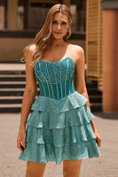 Laden Sie das Bild in den Galerie-Viewer, Pfauengrünes A-Linie Korsett Gestuftes Trägerloses Cocktailkleid