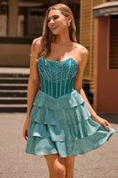 Laden Sie das Bild in den Galerie-Viewer, Pfauengrünes A-Linie Korsett Gestuftes Trägerloses Cocktailkleid
