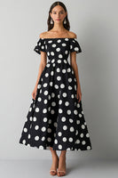 Laden Sie das Bild in den Galerie-Viewer, Schulterfreies Schwarzes weißes A-Linie Kleid mit Polka Dots