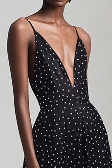 Schwarzes Spaghettiträger V-Ausschnitt A Linie Weißes Polka Dots Kleid