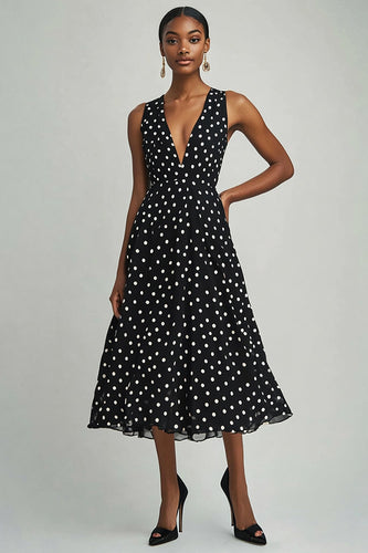 A Linie Chiffon V-Ausschnitt Schwarz-Weißes Polka Dots Kleid