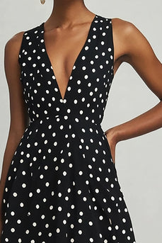 A Linie Chiffon V-Ausschnitt Schwarz-Weißes Polka Dots Kleid