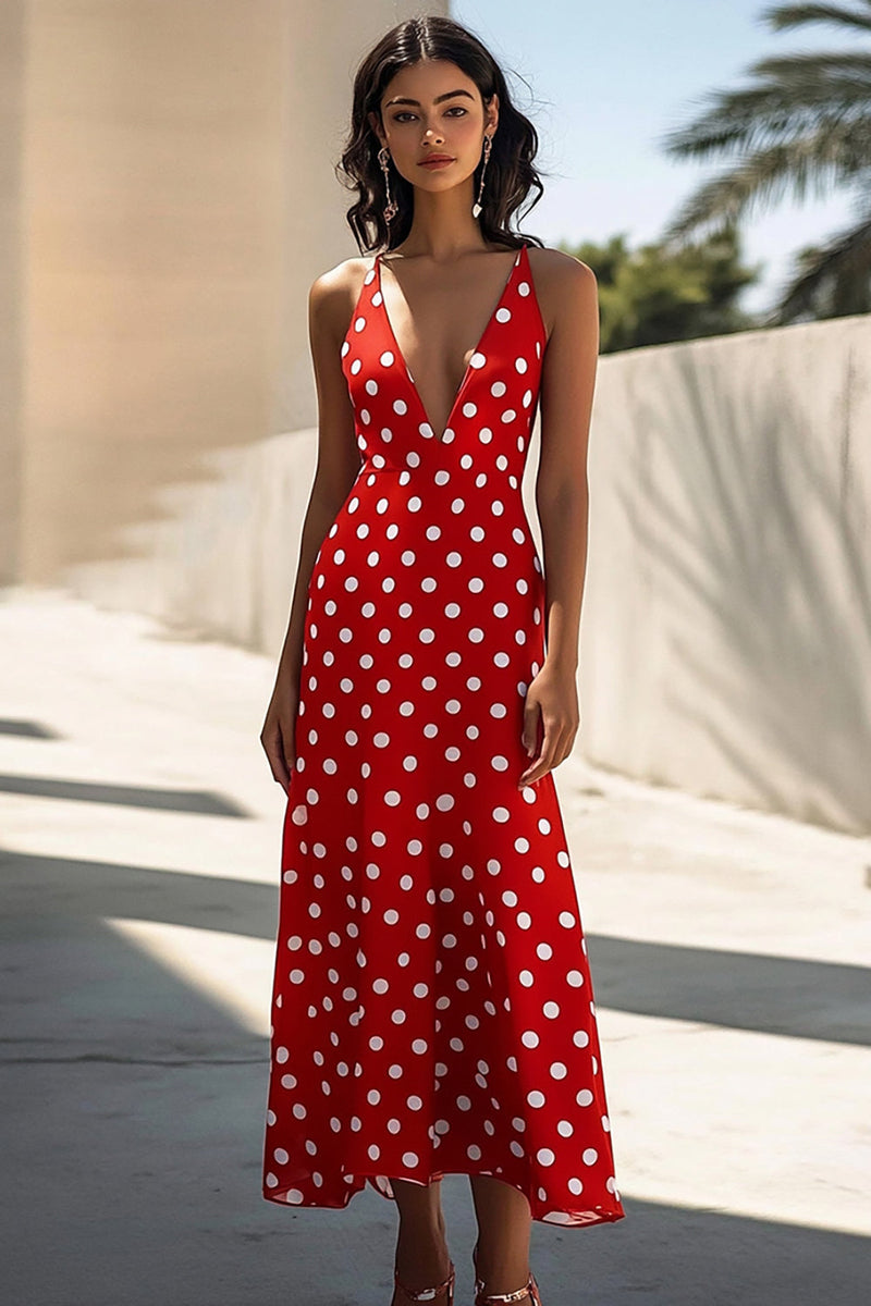 Laden Sie das Bild in den Galerie-Viewer, Rotes Spaghettiträger V-Ausschnitt A-Linie Weißes Polka Dots Kleid