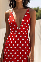 Laden Sie das Bild in den Galerie-Viewer, Rotes Spaghettiträger V-Ausschnitt A-Linie Weißes Polka Dots Kleid