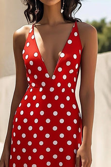 Rotes Spaghettiträger V-Ausschnitt A-Linie Weißes Polka Dots Kleid