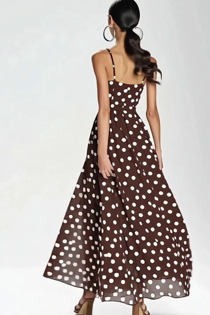 Laden Sie das Bild in den Galerie-Viewer, Kaffee Spaghettiträger Langes A-Linie Kleid mit weißen Polka Dots