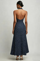 Laden Sie das Bild in den Galerie-Viewer, Marineblaues A-Linie Neckholder Kleid mit weißen Polka Dots und Schlitz