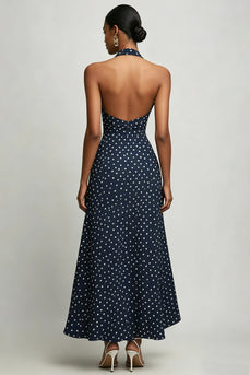 Marineblaues A-Linie Neckholder Kleid mit weißen Polka Dots und Schlitz