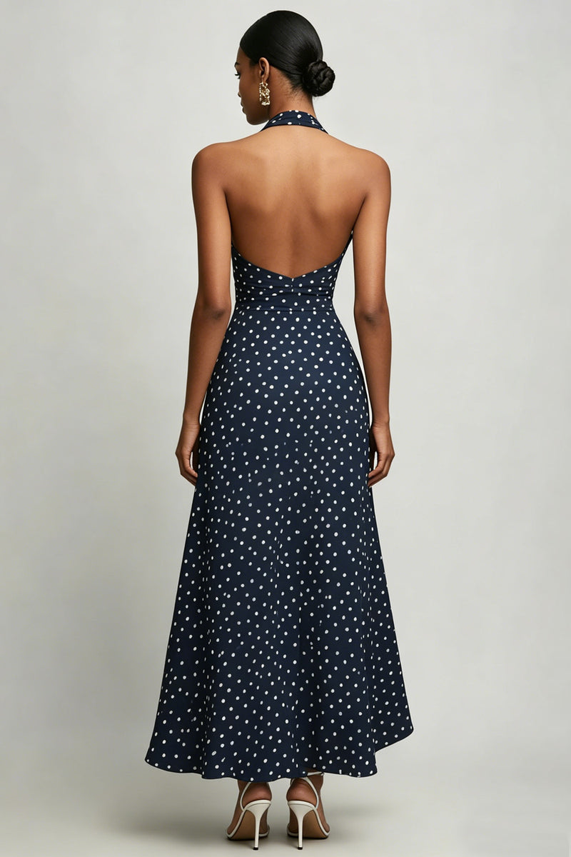 Laden Sie das Bild in den Galerie-Viewer, Marineblaues A-Linie Neckholder Kleid mit weißen Polka Dots und Schlitz